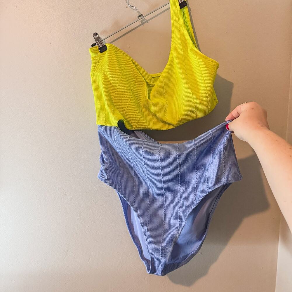 Aerie Colorblock Cutout One Shoulder Swimsuit Yellow Periwinkle XL